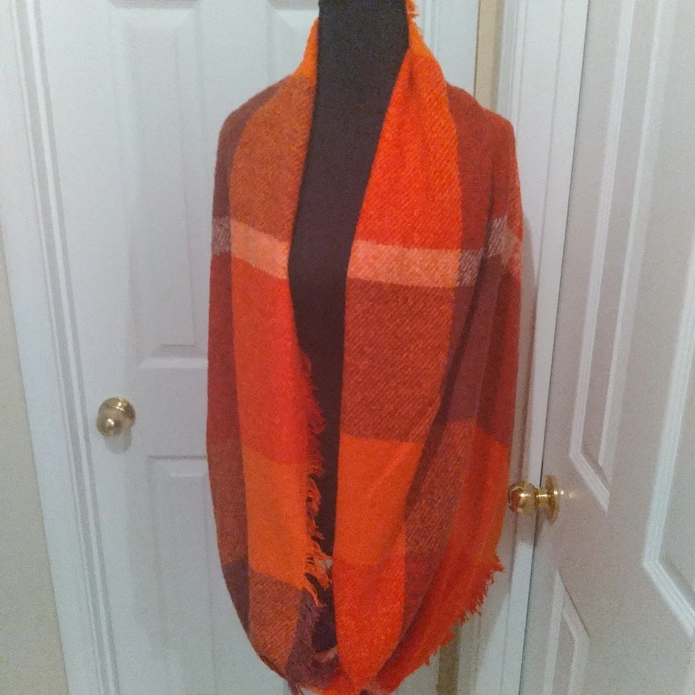 Chunky Cozy Soft Orange Burgundy Rust Plaid Infinity Scarf